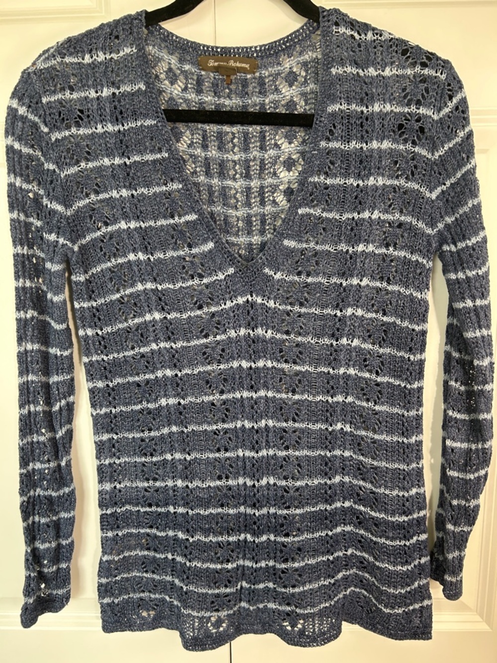 Tommy Bahama Blue & White Open-Knit V-Neck Sweater - Picture 2 of 6
